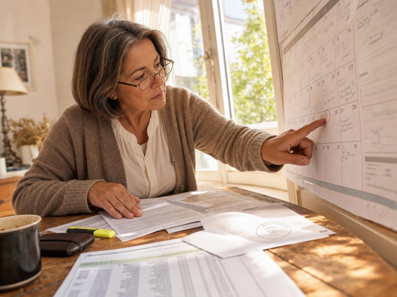 Femme consultant un calendrier et des factures