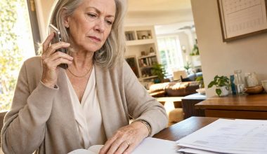 Femme senior au téléphone examinant des factures