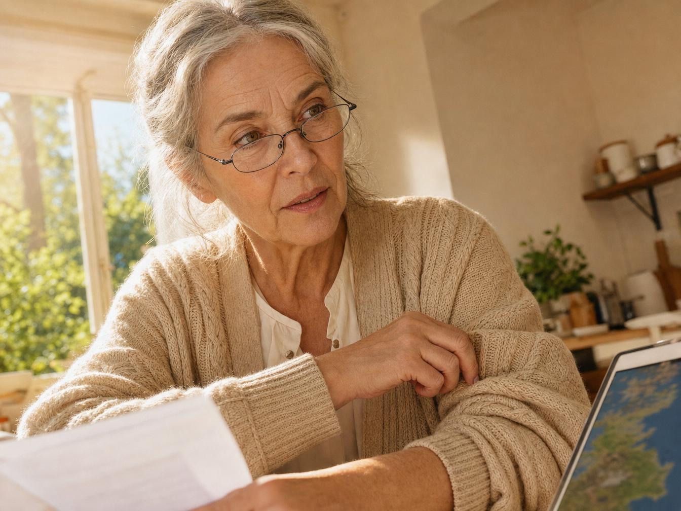 Femme senior avec lunettes regardant un ordinateur portable
