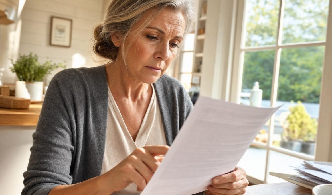 Femme lisant un document avec inquiétude à table