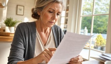 Femme lisant un document avec inquiétude à table