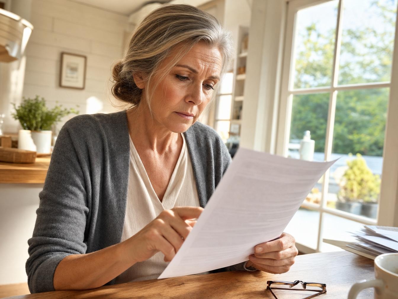 Femme lisant un document avec inquiétude à table