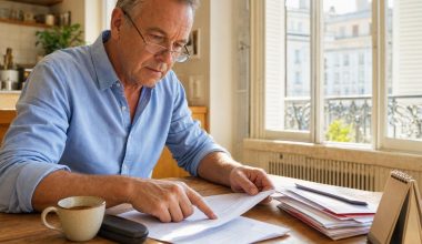 Homme examinant des documents à table chez lui
