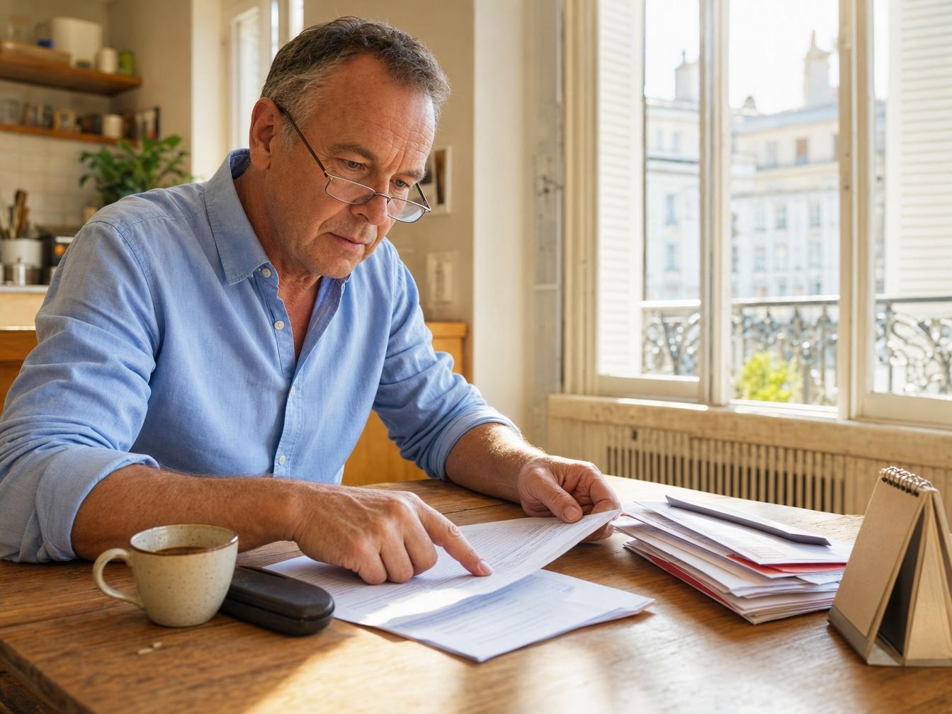 Homme examinant des documents à table chez lui