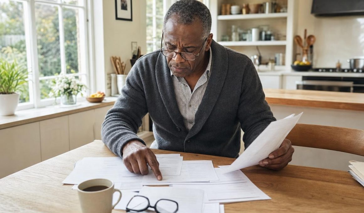 Homme examinant des documents financiers à sa table