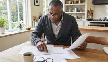 Homme examinant des documents financiers à sa table