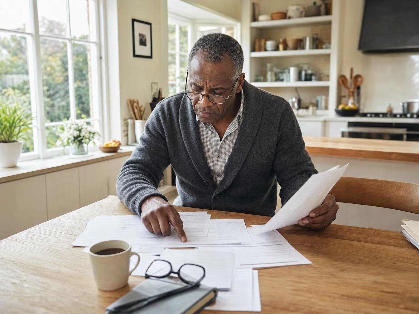 Homme examinant des documents financiers à sa table