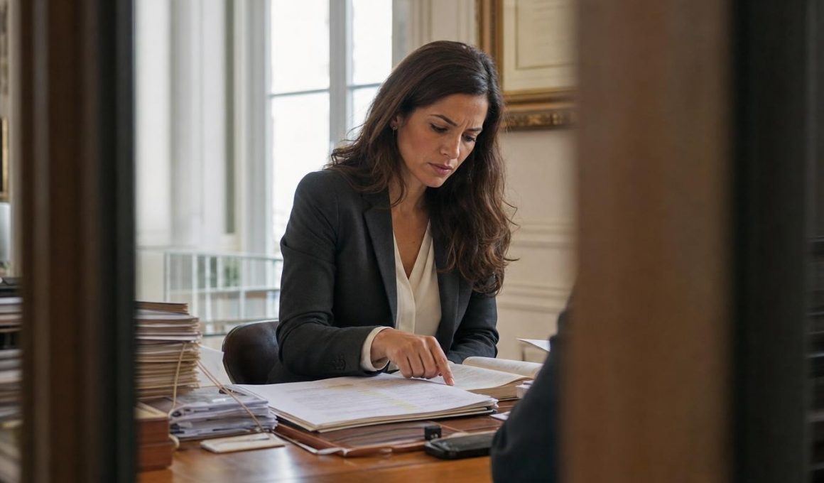 Femme en blazer examinant des dossiers à son bureau