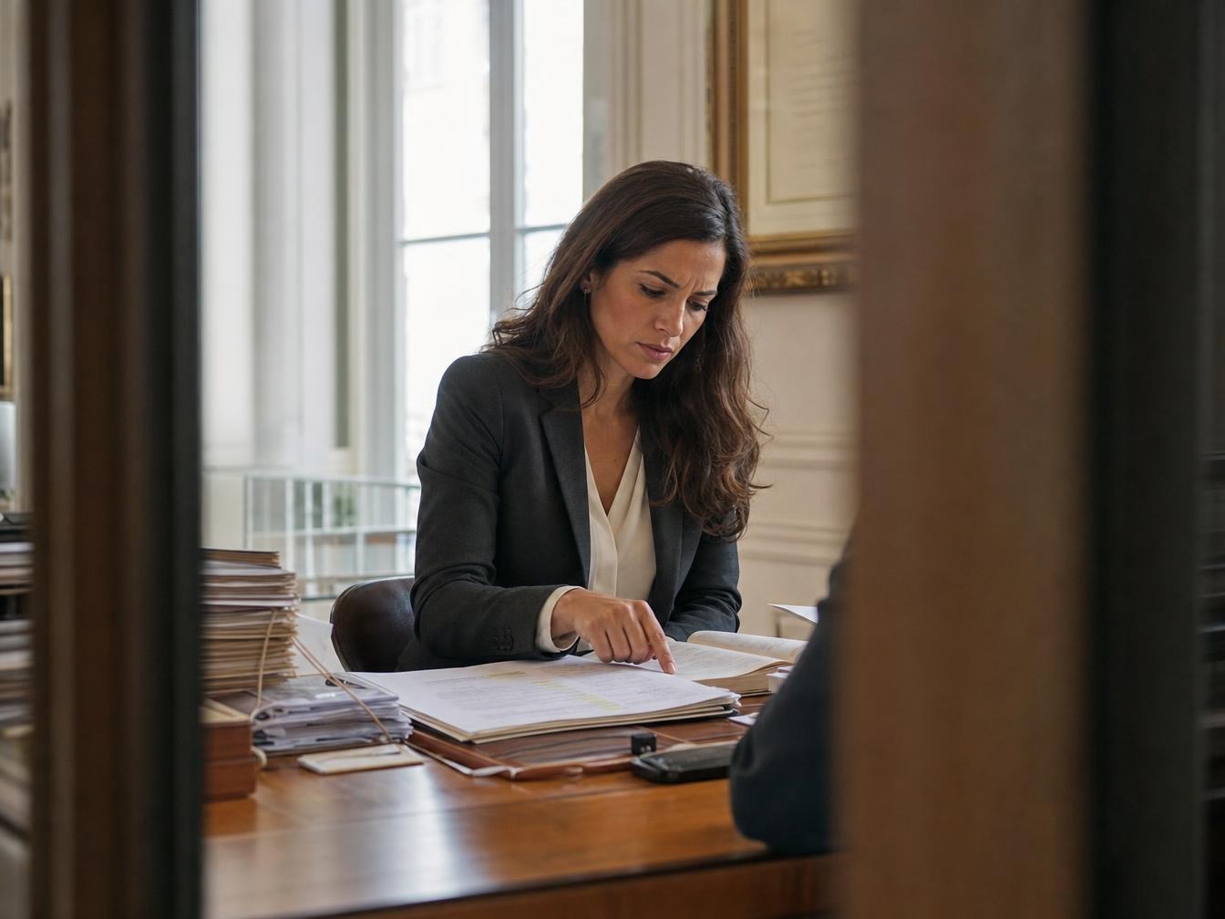 Femme en blazer examinant des dossiers à son bureau