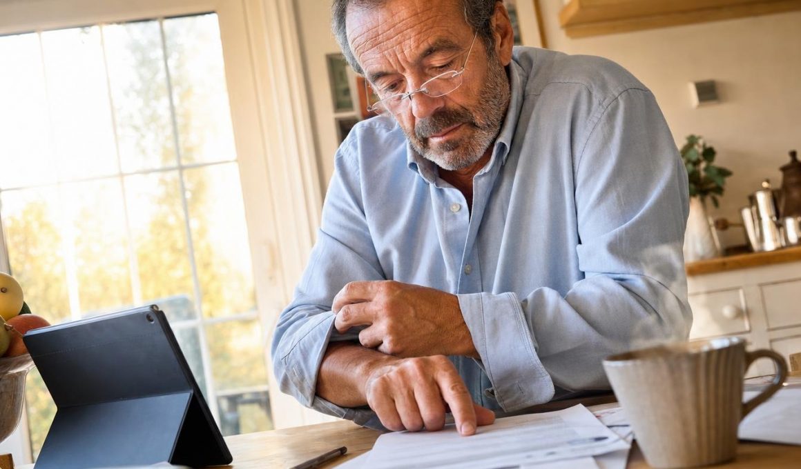 Homme senior examinant des factures à table
