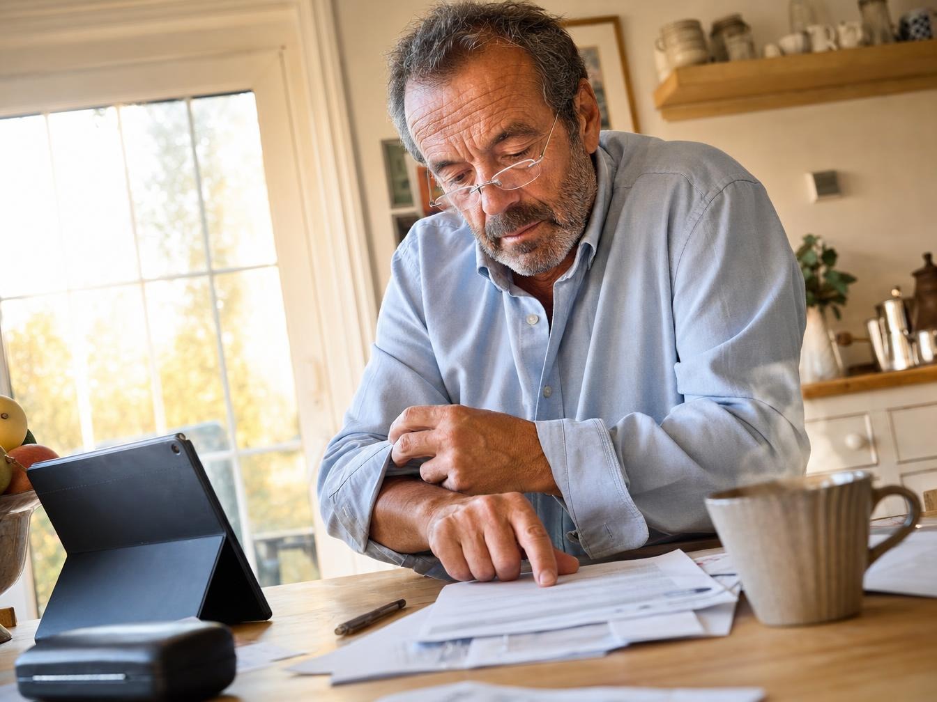 Homme senior examinant des factures à table