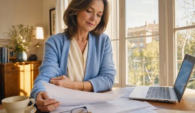 Femme examinant des documents à domicile