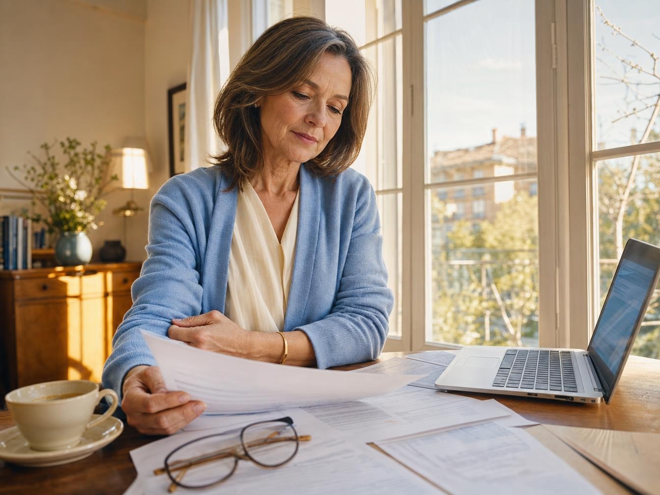 Femme examinant des documents à domicile