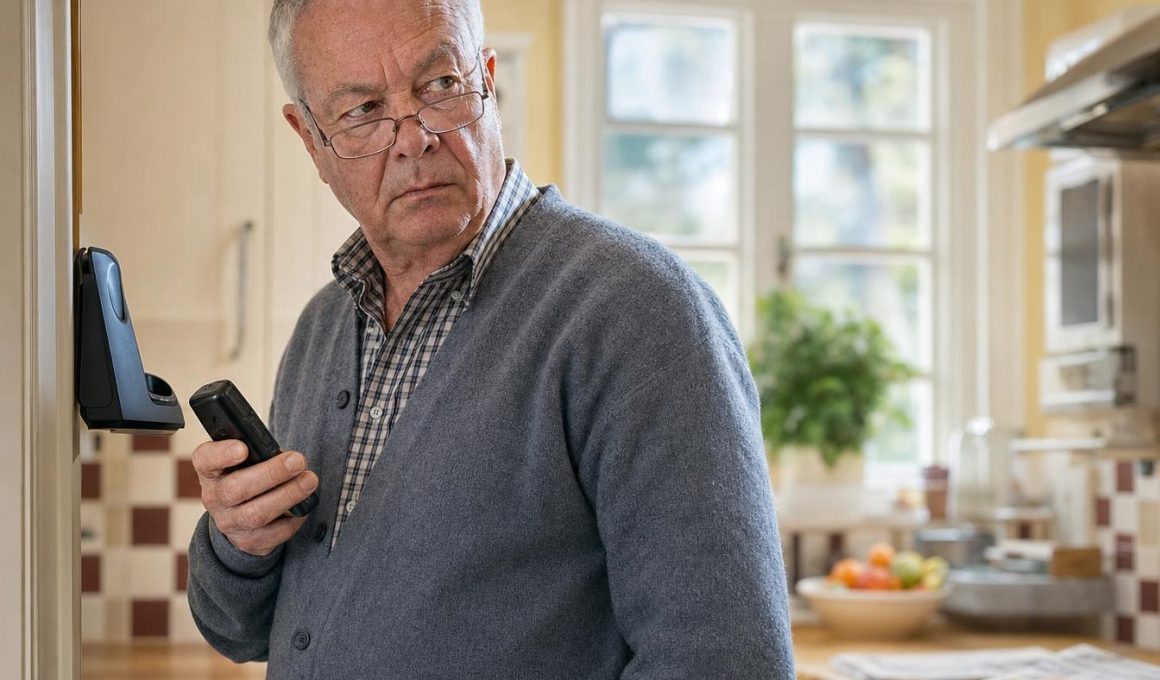 Homme âgé utilisant un téléphone sans fil dans sa cuisine