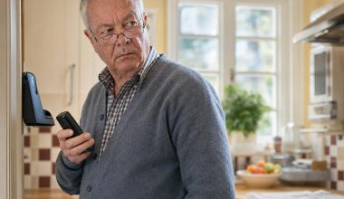 Homme âgé utilisant un téléphone sans fil dans sa cuisine