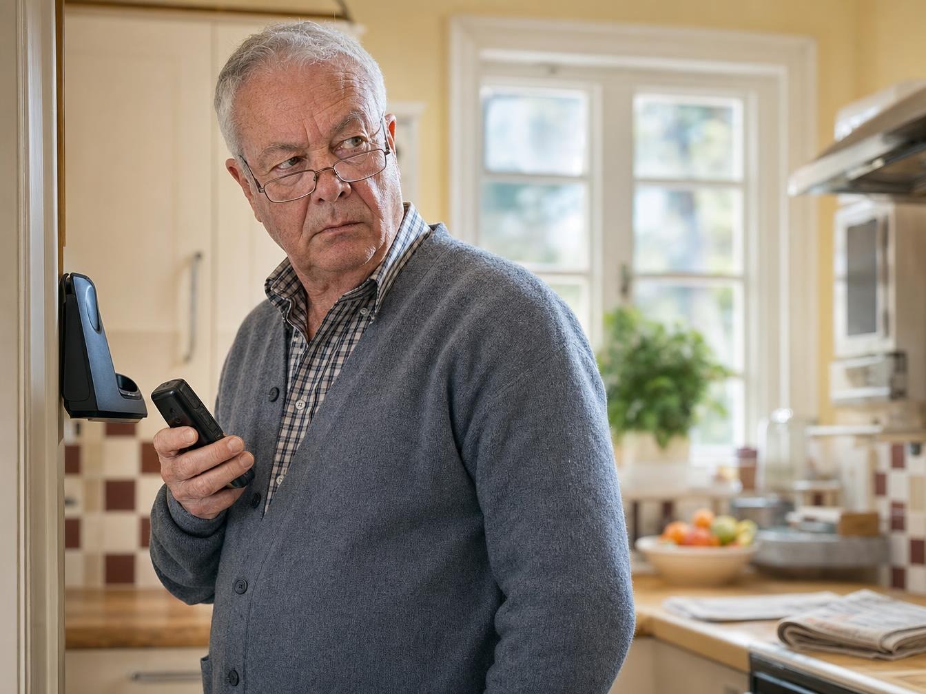 Homme âgé utilisant un téléphone sans fil dans sa cuisine