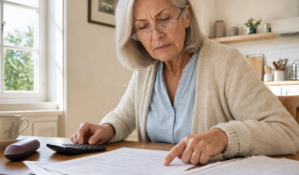 Femme âgée vérifiant des factures avec une calculatrice