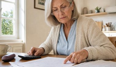 Femme âgée vérifiant des factures avec une calculatrice