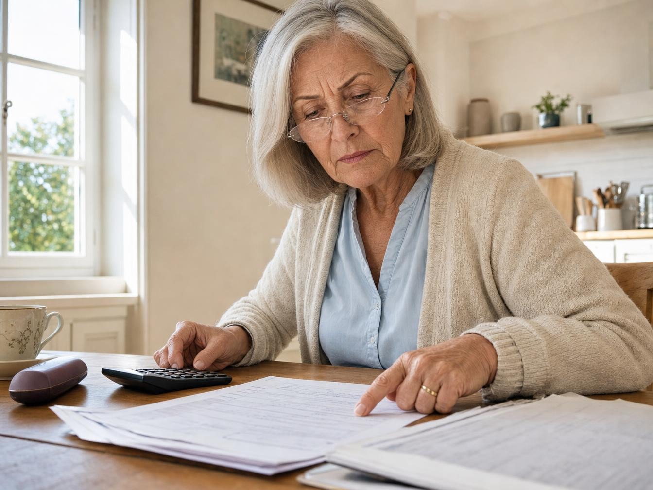 Femme âgée vérifiant des factures avec une calculatrice