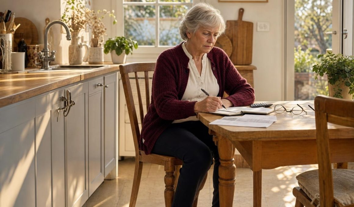 Femme âgée remplissant des documents dans sa cuisine