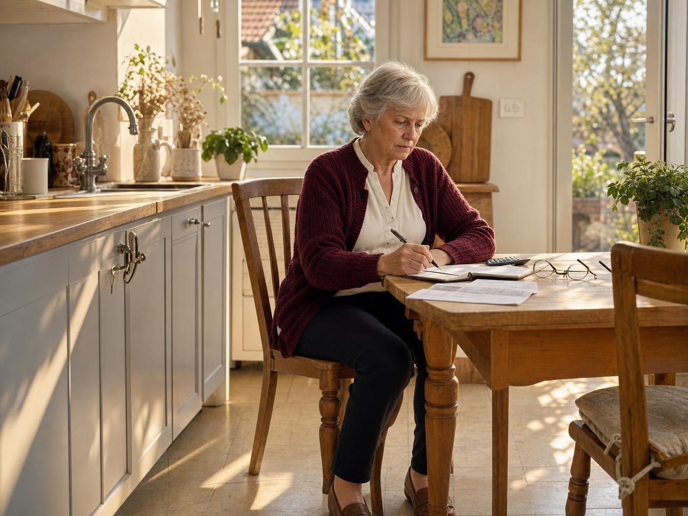 Femme âgée remplissant des documents dans sa cuisine