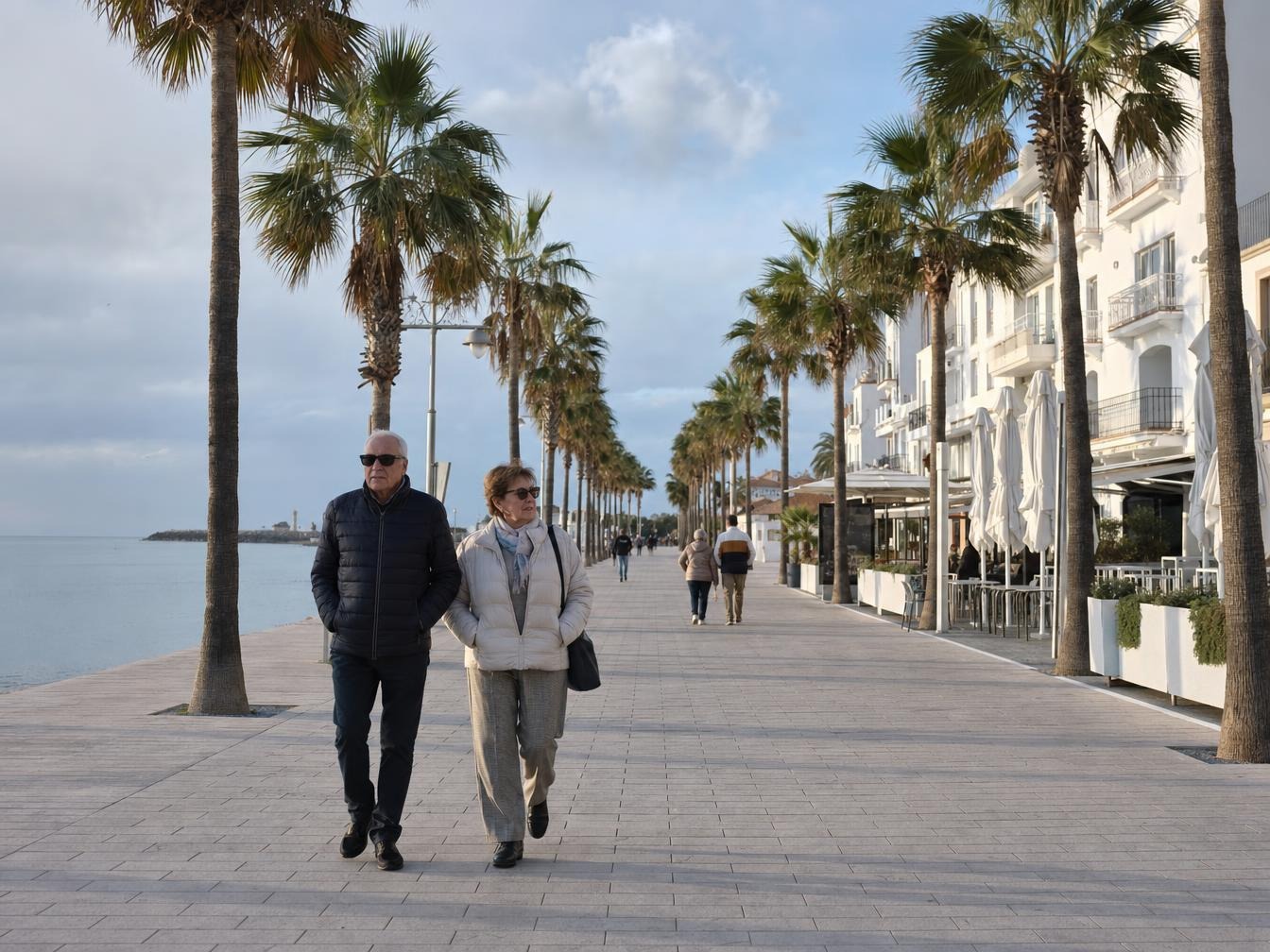 Couple marchant sur une promenade bordée de palmiers, terrasses de café et ciel partiellement nuageux