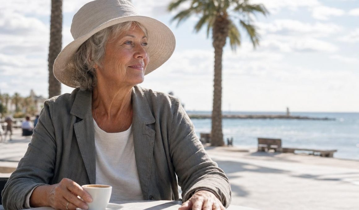 Femme âgée buvant un café face à la mer