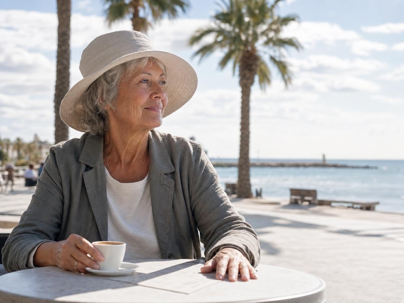 Femme âgée buvant un café face à la mer