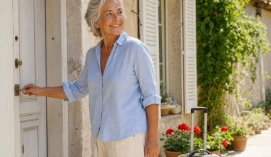 Retraitee souriante qui ferme a cle la porte de sa maison de vacances, valise posee a cote