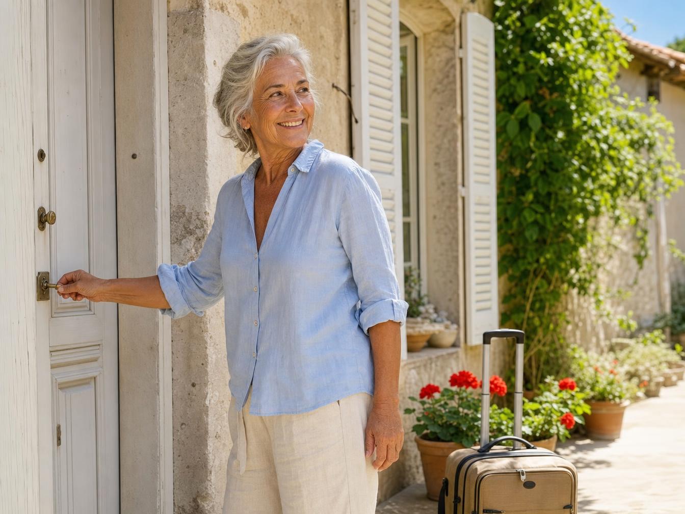Retraitee souriante qui ferme a cle la porte de sa maison de vacances, valise posee a cote