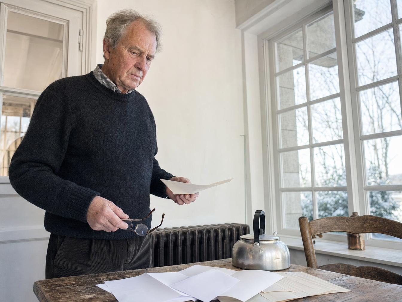 Homme âgé lisant une lettre près d’une fenêtre