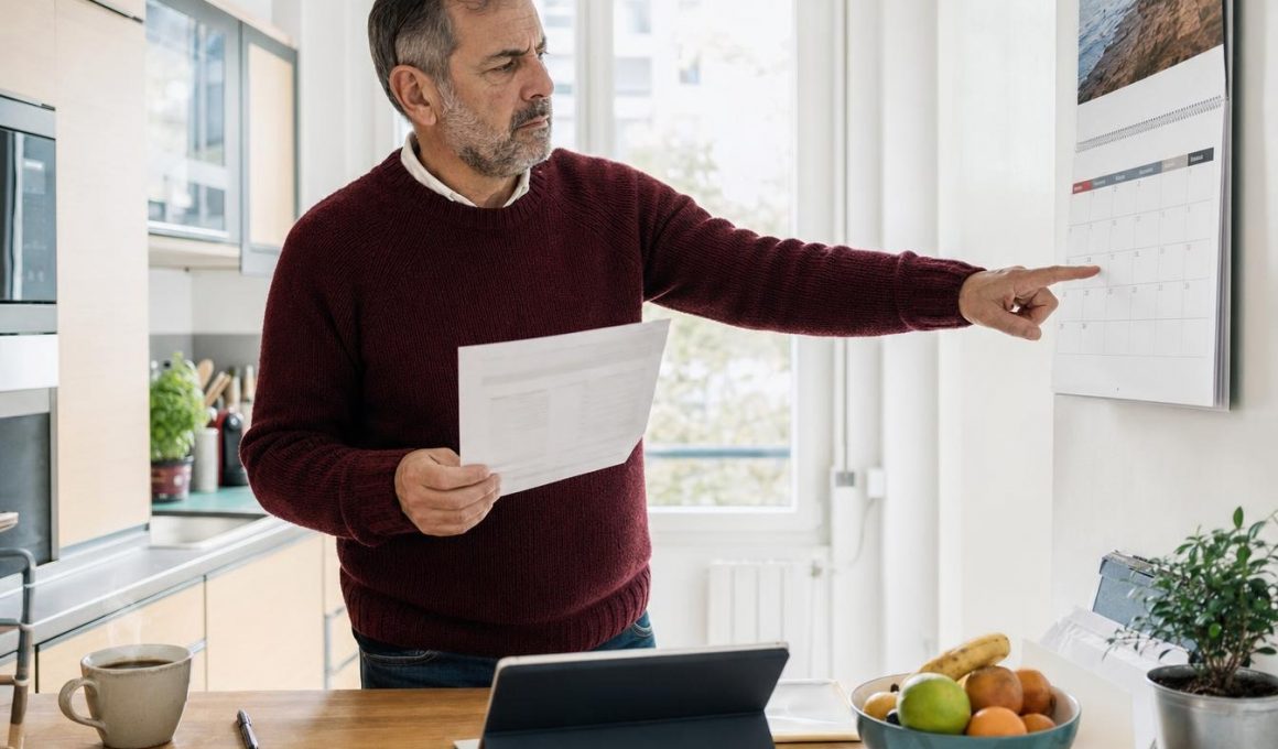 Homme consultant un calendrier avec des documents dans sa cuisine