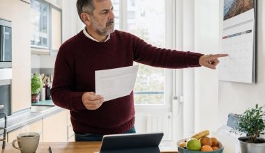 Homme consultant un calendrier avec des documents dans sa cuisine