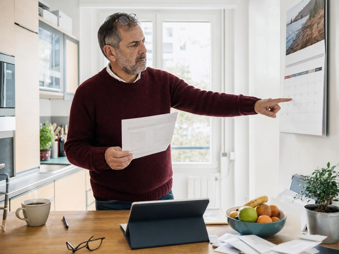 Homme consultant un calendrier avec des documents dans sa cuisine