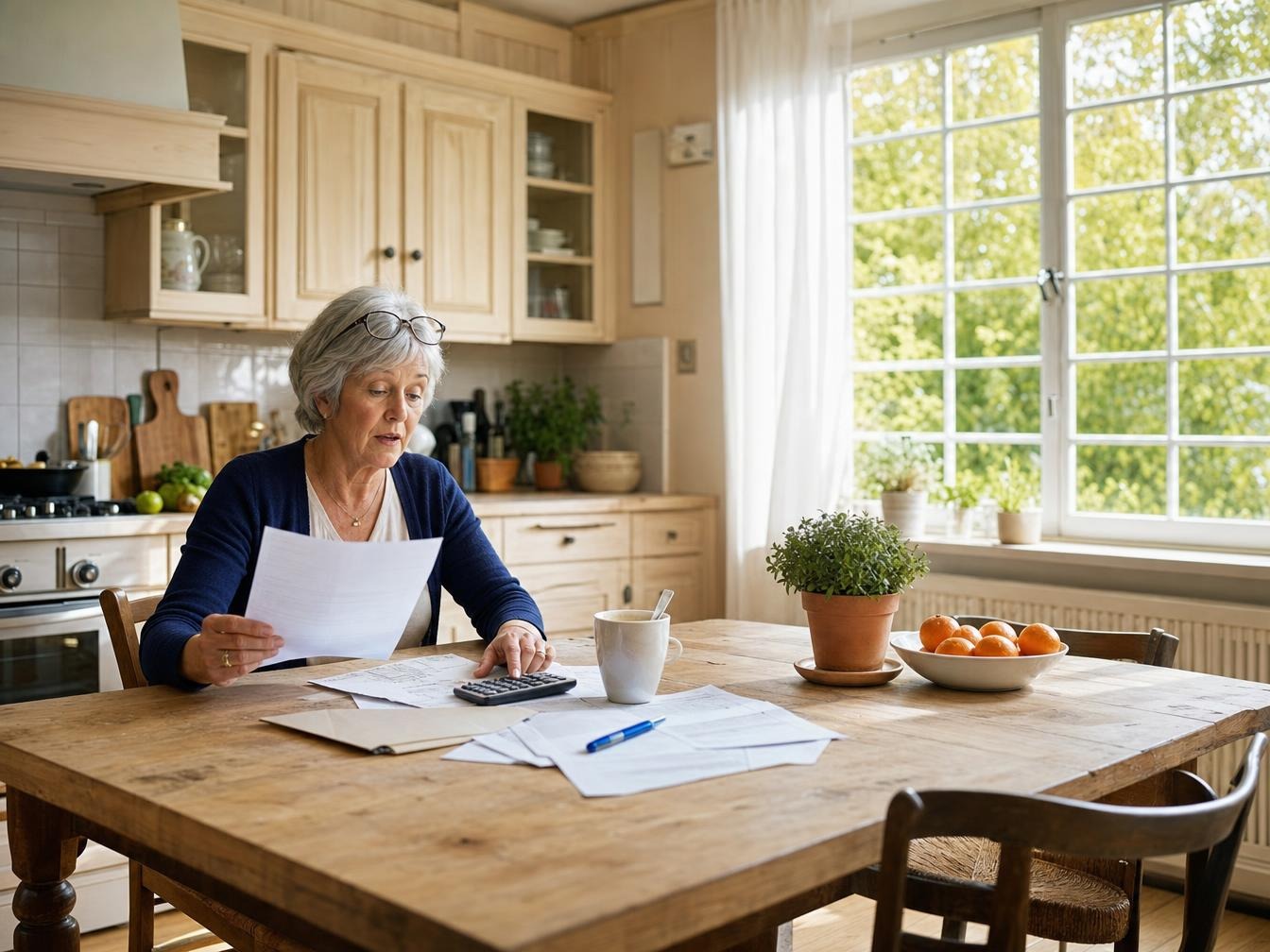 Femme âgée calculant des factures dans sa cuisine