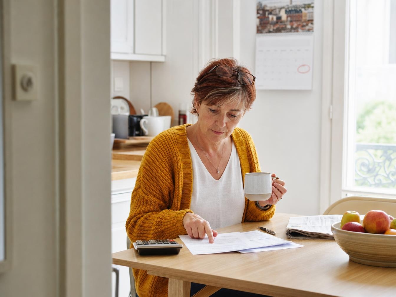 Femme examinant des factures à la table de cuisine