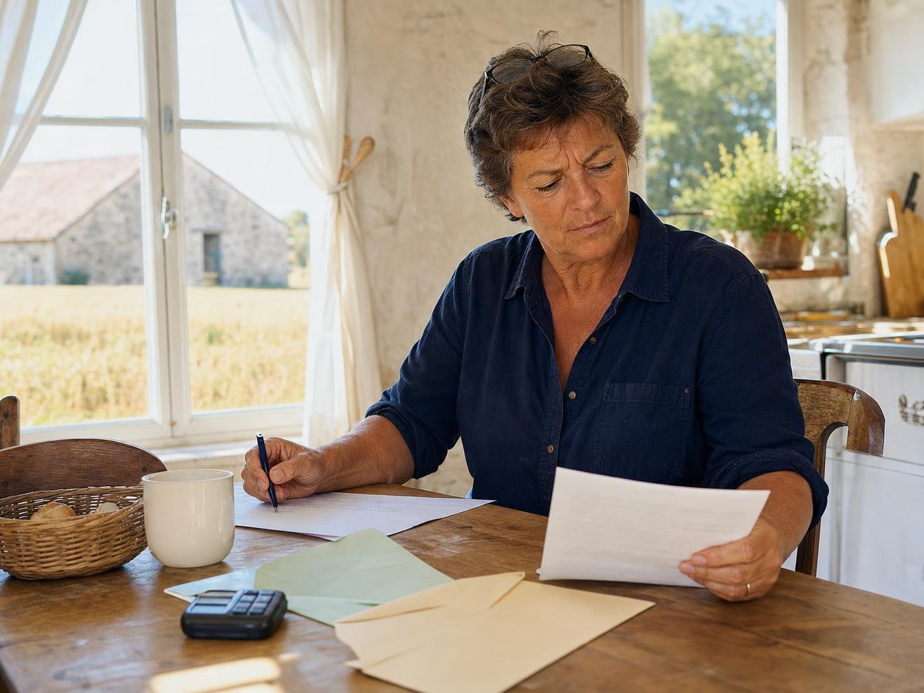 Femme examinant des factures à sa table de cuisine