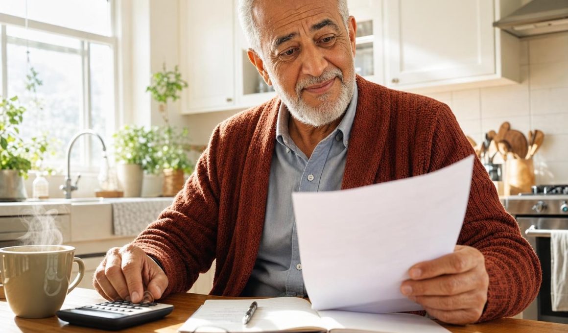 Senior calculant ses dépenses dans une cuisine lumineuse