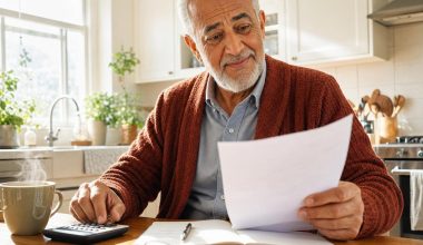 Senior calculant ses dépenses dans une cuisine lumineuse