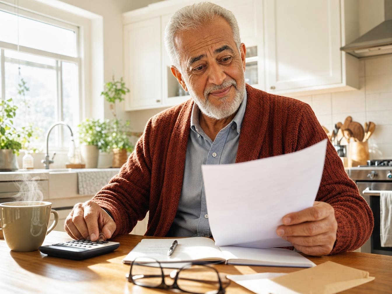Senior calculant ses dépenses dans une cuisine lumineuse