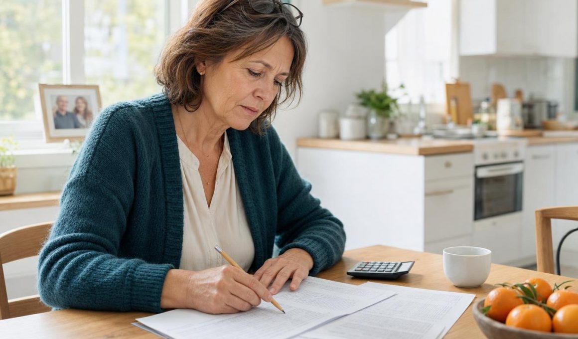 Femme examinant des documents financiers à sa table de cuisine