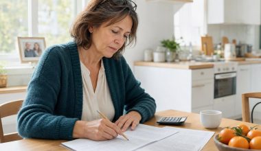 Femme examinant des documents financiers à sa table de cuisine