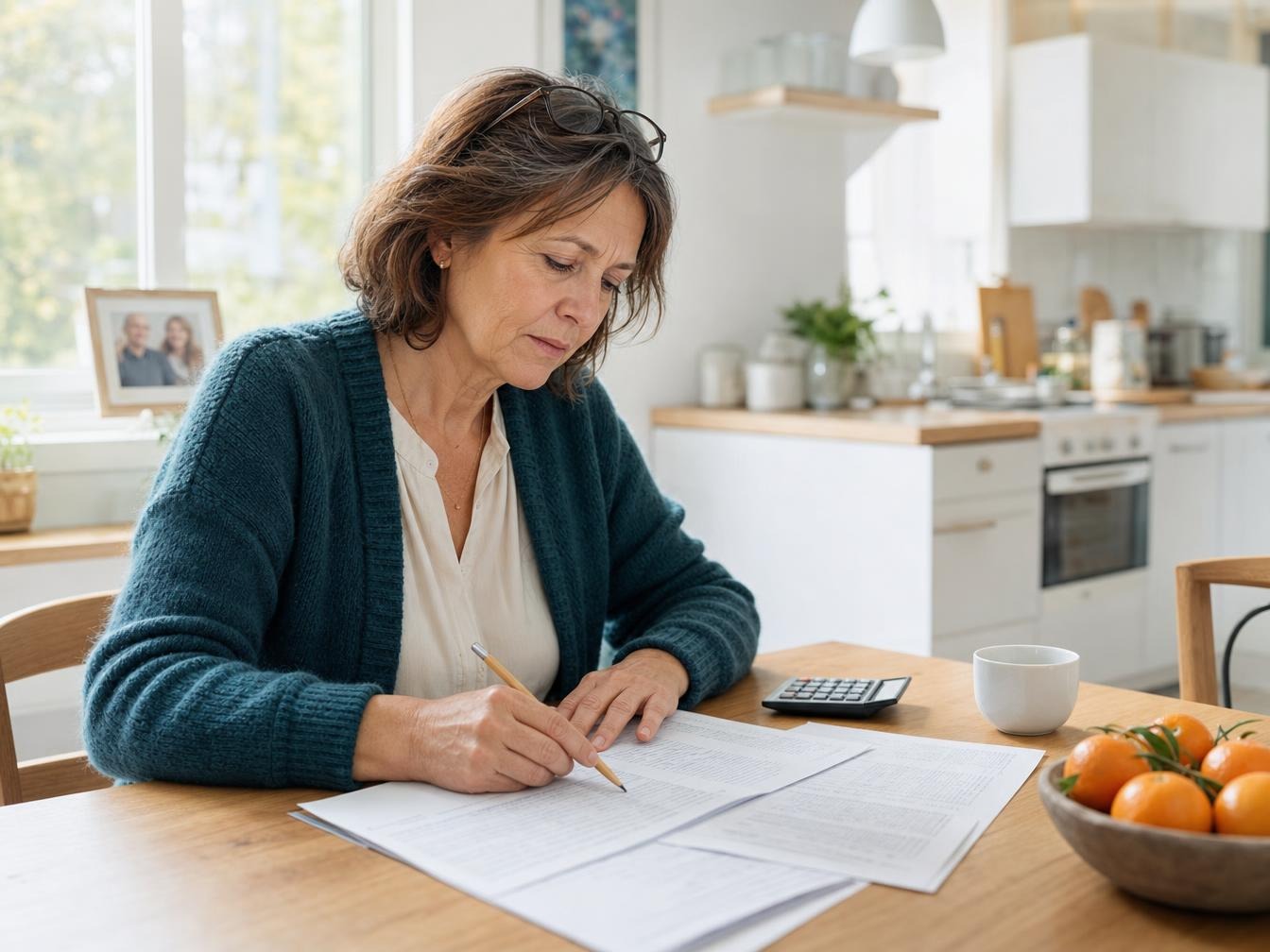 Femme examinant des documents financiers à sa table de cuisine
